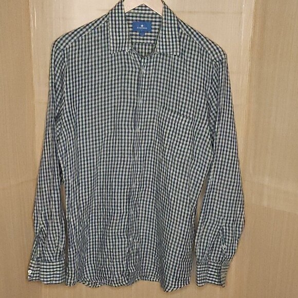 Toscano Green Blue Plaid Linen Button Down Large - Picture 1 of 5